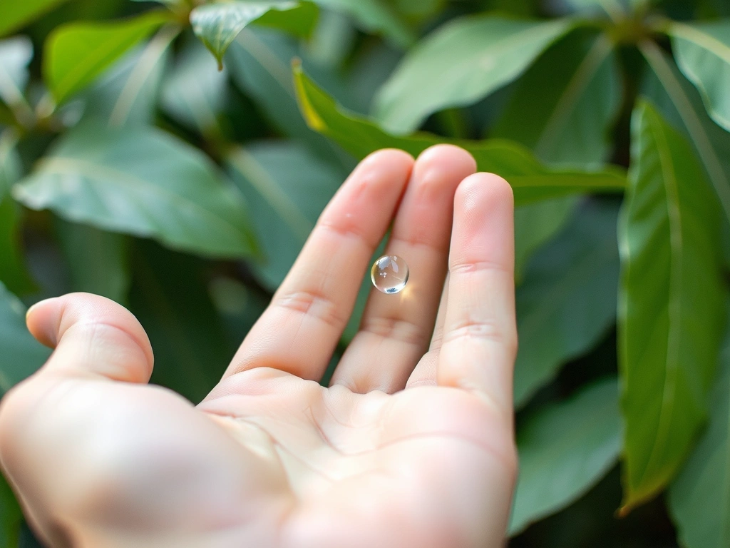 Una mano che afferra delicatamente una goccia d'acqua che cade su una foglia verde, simbolo di purezza e cura. Sfondo sfocato e naturale.
