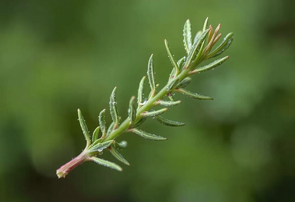Un rametto di Rosmarino fresco con piccole goccioline d'acqua, su uno sfondo verde sfocato.