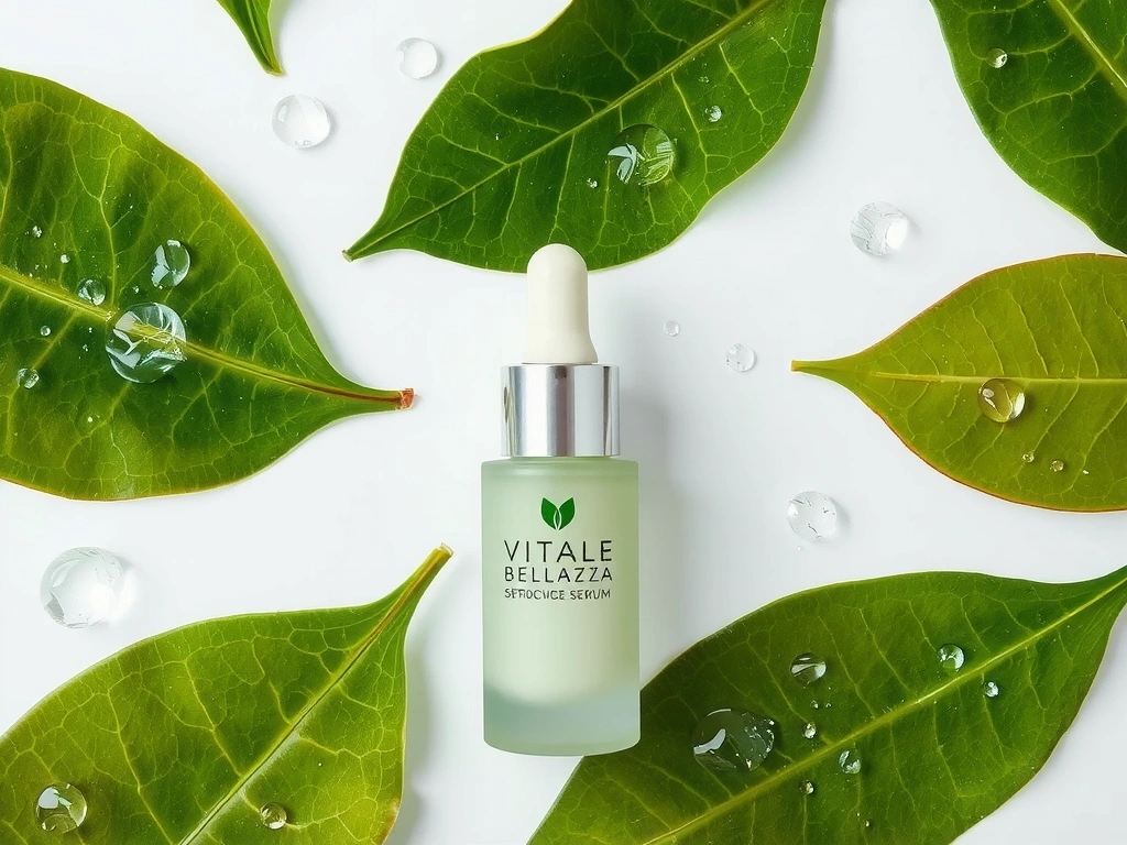 Flacone del siero VitaleBellezza posizionato tra foglie verdi fresche e goccioline d'acqua.