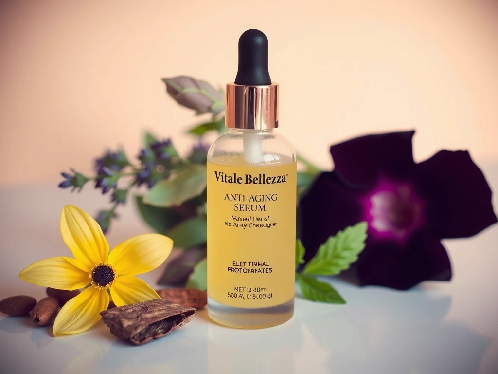 Immagine principale del prodotto VitaleBellezza, un flacone elegante di siero anti-età con ingredienti naturali, su sfondo sfocato di erbe e fiori.
