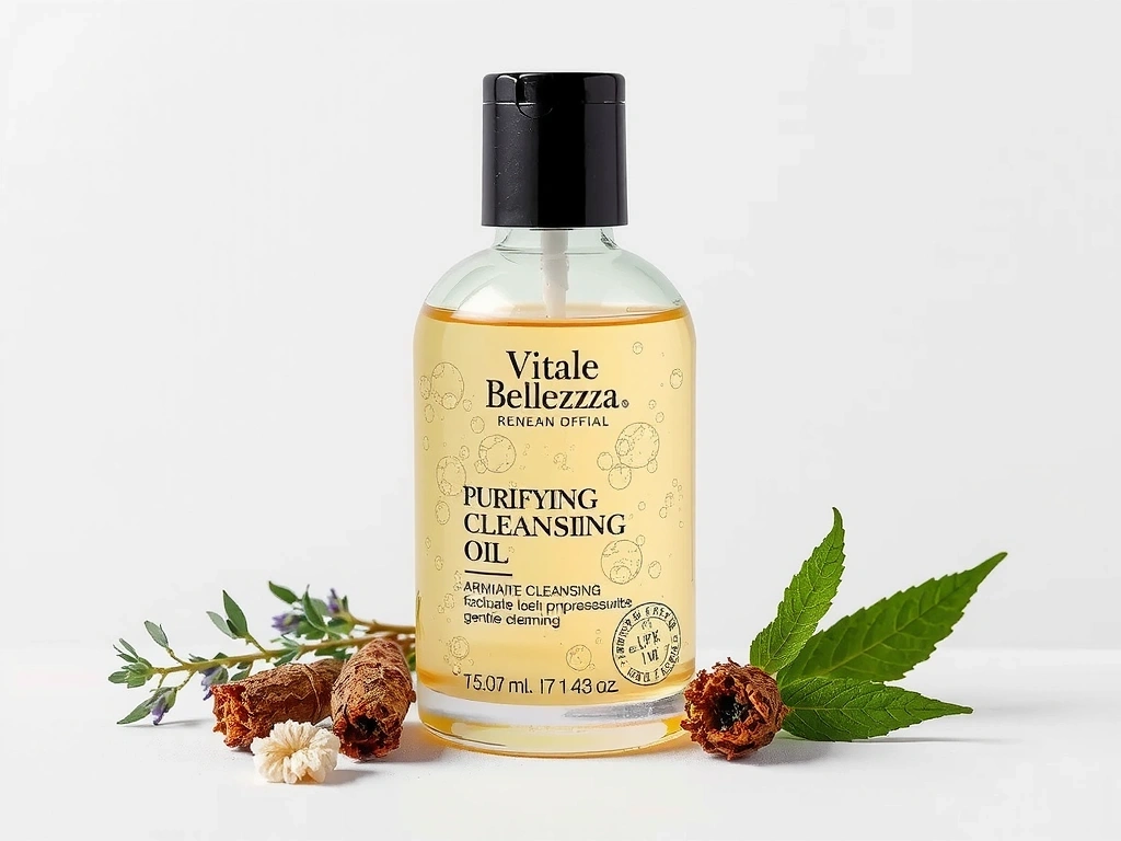 Olio Detergente Purificante VitaleBellezza, un flacone trasparente con olio dorato e bolle, con erbe aromatiche.
